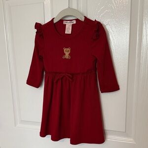 Emma & Sam Red Ribbed Long-Sleeve Dress with Teddy Embroidery